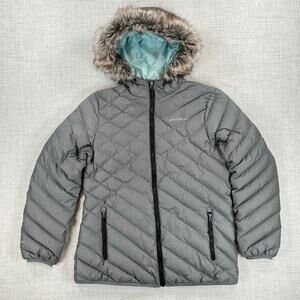 Eddie Bauer EB650 Down Puffer Jacket Faux Fur Hood Womens L Gray Packable Parka
